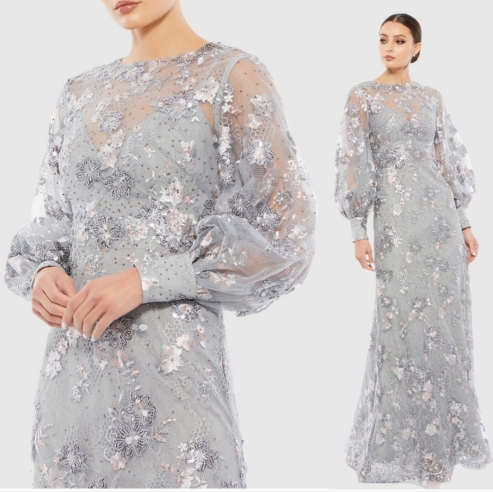 Mac Duggal Size 20 Bishop Sleeves Sequin Illusion High Neck Silver 67936 Dress